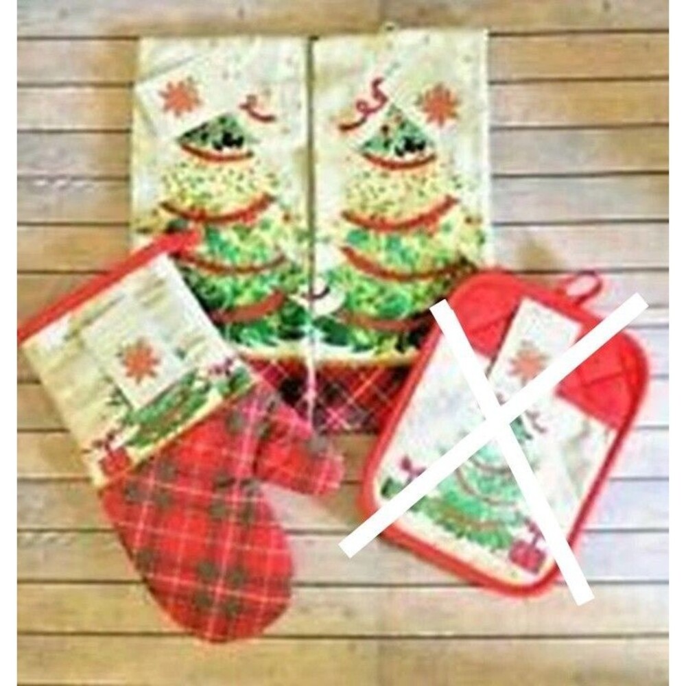 Christmas Kitchen Dish Towels Oven Mitt Set of 3 Appliqued Embroidery